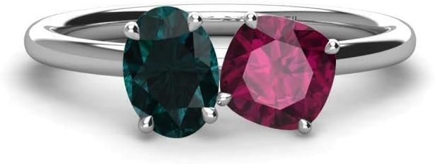 ABHI Oval & Cushion Cut Emerald & Ruby Two Stone Wedding Engagement Ring 925 Sterling Silver In 14K White Gold Over Wedding Ring for Women's