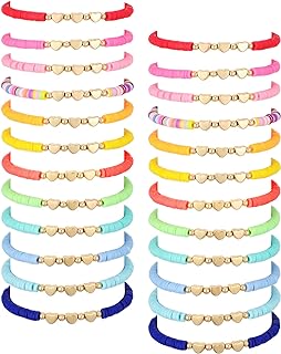 Sureio 24 Pcs Colorful Friendship Bracelets Letter Heart Smile Bracelets Surfer Bracelets Stretch Beaded Kids Bracelet for Girls Women Back to School Tween Girl Party Favors