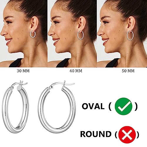 PRETOLE 925 Sterling Silver Hoop Earrings, Thick Oval Chunky Silver Hoop Earrings Hollow Tube Thick Silver Hoop Earrings Hypoallergenic Lightweight Large Silver Chunky Hoop Earrings for Women 30-50MM