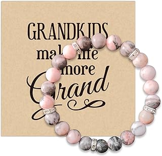 Zinc Clasp Grandchildren Charm Bracelet, Stone Bead Design for Grandmothers, Perfect Grandparent Gift with Pink Stretch Style