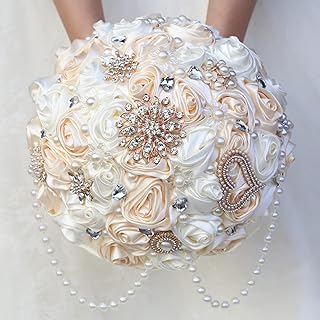 Gkvszy Ivory and Champagne Bridal Wedding Bouquet with Rhinestone Brooch Pearl String Cascade Bouquet for Bride Bridesmaid Quinceanera Satin Rose Flower Bouquet Wedding Champagne and Ivory 8.7in