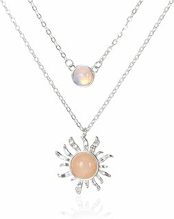 Sun and Moon Opal Double Chain Pendant Necklace Gold Silver Plated Vintage Charm Layered Sunflower Sunburst Lightweight Chain Choker Necklace for Women Teen Girls Birthday Party Holiday Fashion Jewelry Gifts