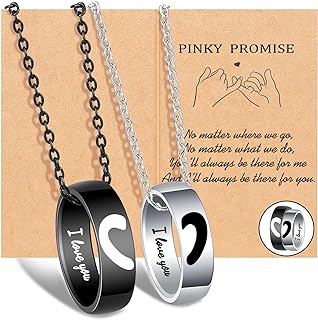 Stainless Steel Couples Pendant Necklace with Adjustable Cable Chain for Him and Her, Heart Ring Design by UPROMI