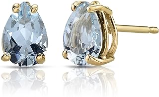 Peora 14K Yellow Gold Aquamarine Earrings for Women, Genuine Gemstone Solitaire Studs, 7x5mm Pear Shape, 1 Carat total, Friction Back