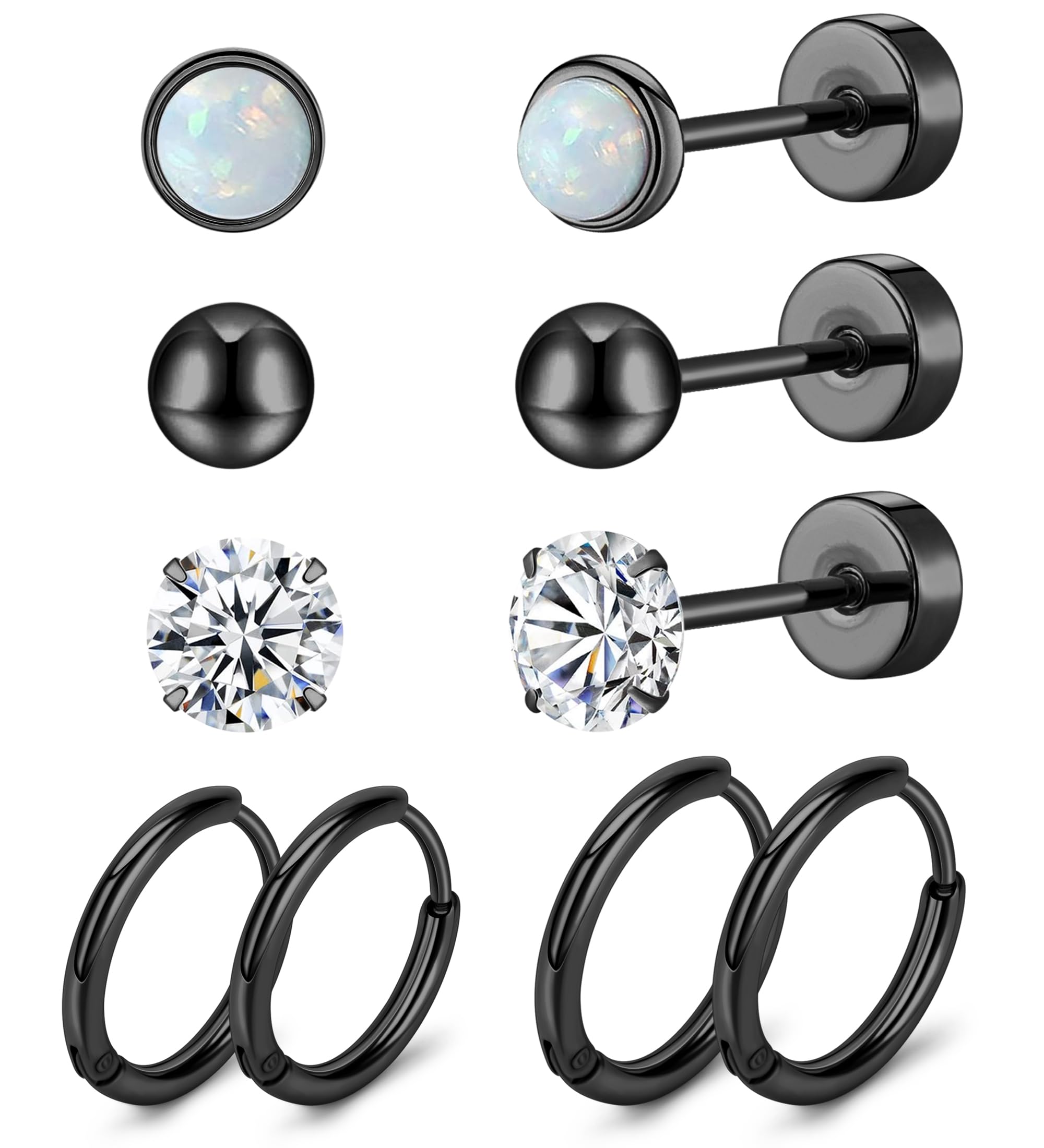 MJust Titanium Earrings for Sensitive Ears 20G Titanium Stud Earrings and Hoop earrings Ball Opal Cubic Zirconia G23 Pure Titanium Cartilage Earrings Hypoallergenic Flat Back Earrings
