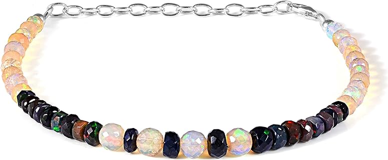 Handmade Ethiopian Black & White Opal Bead Bracelet with Lobster Claw Clasp, Perfect for Women's Luxury Jewelry Collection, Round & Rondelle Design
