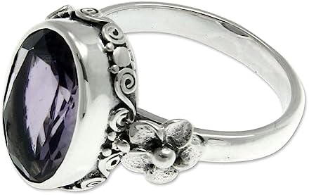 Handcrafted NOVICA Amethyst Solitaire Ring with Floral Sterling Silver Design, Size 5 for Women