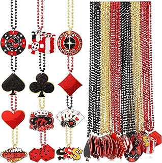 Ferreve Casino-Inspired Mardi Gras Party Beaded Necklaces - A Bulk Set of 36 Black, Red, and Gold Electroplated Plastic Necklaces with Assorted Casino Emblem Pendants.