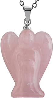 Lobster Clasp TUMBEELLUWA Guardian Angel Pendant Necklace with Free Cable Chain, Rose Quartz Stone for Calmness and Tranquility, Hand-carved Design from China