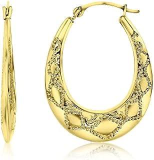 14K Yellow Gold 2x25mm Textured Lightweight Oval Hoop Earrings