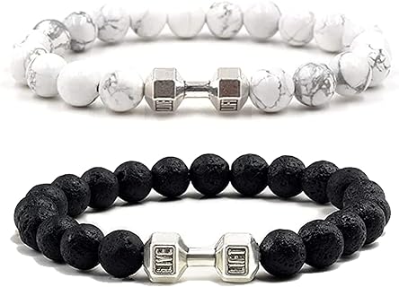 Fitness Enthusiast Black Bead Chain Bracelet with Buckle - Volcanic Lava Dumbbell Design for Men and Women, Ideal Jewelry Gift