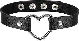Gothic Heart Leather Choker Necklace in Stainless Steel, Adjustable 13-15.4 inches for Women, Bead Chain style - Aroncent