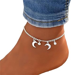 YienDoo Boho Moon Anklet Bracelet Double Layer Silver Crescent Pendant Ankle Chain Tiny Bell Anklet Minimalist Hawaiian Beach Moon Foot Chain Jewelry for Women and Girls