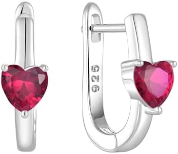 925 Sterling Silver Heart-Cut Ruby Huggie Earrings, U-Shaped Hoops with 18K White Gold Plating for Women, Hypoallergenic Design