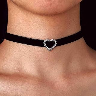 Edgy Crystal-Embellished Black Choker Necklace in Heart and Circle Design for Women and Girls, Adjustable Alloy Chain