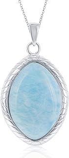 Beaux Bijoux Natural Larimar Sterling Silver Pendant Necklace Vintage Style with 18" Silver Chain Necklace for Women