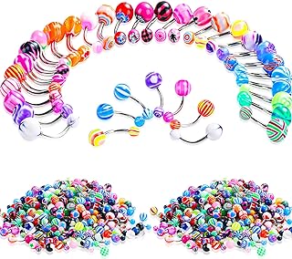 Junkin 200 Pieces Belly Button Rings Barbells Colorful Body Piercing Jewelry Navel Barbell Body Stainless Steel Belly Button Rings Body Piercing Jewelry for Women Girls