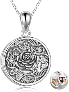 Rose Locket Necklace,925 Sterling Silver Rose Flower That Holds Pictures Locket Necklace Gift for Father Women Wife, Sterling Silver, No Gemstone