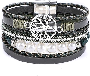 KSQS Tree Of Life Leather Multi-Layer Wraps Bracelet,Boho Wide Buckle Wristband Bangle,Braided Cuff Bracelets for Women