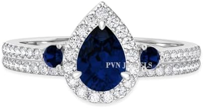 PVN JEWELS Pear Shaped Created Sapphire Halo Wedding Rings for Women Engagement Ring Sets Sterling Silver