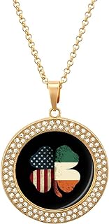 Vintage Irish American Flag Shamrock Diamond Round Pendant Necklace For Women Girls Mothers Gifts