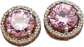TISHYA JEWELLERS 1.2Ct Round Cut Pink Sapphire & Diamond Halo Stud Earrings 14K White Gold Finish