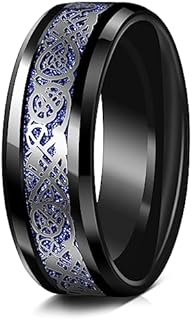 Tungsten Rings for Men - Celtic Dragon Mens Wedding Band | 6mm, 8mm Tungsten Mens Rings | Beveled Edge with Carbon Fiber Inlay Men's Rings | Black Wedding Rings For Men