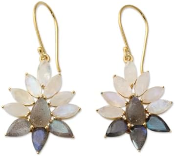 NOVICA Artisan Handmade Gold Vermeil Rainbow Moonstone Labradorite Dangle Earrings Plated Sterling Silver Multicolor Clear Grey India Glacier Gemstone [1.9 in L x 0.9 in W x 0.2 in D] ' Dawn Aura'