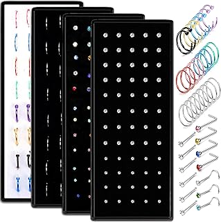 FIBO STEEL 200 Pcs Nose Ring Studs Set For Women Men 316L Stainless Steel Nose Hoops L Shaped Screw Bone Nose Studs Ring Nose Piercing Jewelry 20G 22G 1.5mm 2mm 2.5mm