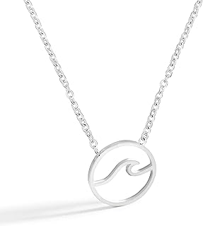 Lobster Claw Clasp Wave Pendant Necklace, Cable Chain Alloy Surfing Sea Jewelry for Beach Lovers, Round Ocean-Themed Design