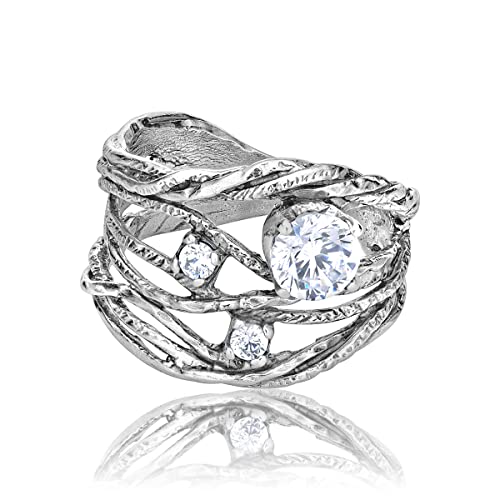 JEAN RACHEL JEWELRY 925 Sterling Silver Ring With a White Round Clear Cubic Zirconia CZ Prong, Hypoallergenic, Nickel and Lead-free, Artisan Handcrafted Designer Collection, Made in Israel
