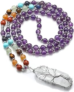 Jovivi Natural 7 Chakras Healing Crystals Necklace Wire Wrapped Clear Quartz Tree of Life Pendant Healing Pointed Reiki Energy Balancing