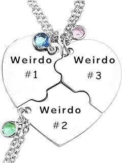'LIU JUN Best Friends Forever Stainless Steel Necklace Set for 3, Engraved 'Weirdo 1, 2, & 3' Heart Pendants with Cubic Zirconia Crystal Accentuation, Ideal Gift for Sisters and Friends'