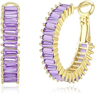 Snap-Back Lavender Cubic Zirconia White Gold Hoop Earrings for Women/Girls, Trendy Design