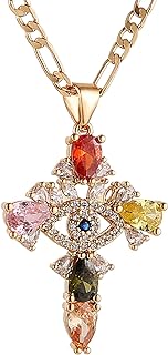 HZMAN Crystal Cross Necklace for Women Girl 14K Rose Gold Plated Colorful Inlay Evil Eye Egyptian Cross Pendant Necklace Jewelry Gift