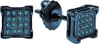 Dazzlingrock Collection Round Blue Diamond Cluster Square Frame Stud Earrings for Men & Women (Unisex) (0.10 ctw, Color Blue, Clarity I2-I3) in Blue Plated Sterling Silver