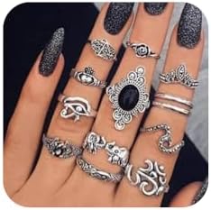 Missgrace Bohemian Vintage Knuckle Ring Set Vintage Silver Carving Black Stone Boho Stackable Rings for Women 14 Pcs (Style 7)