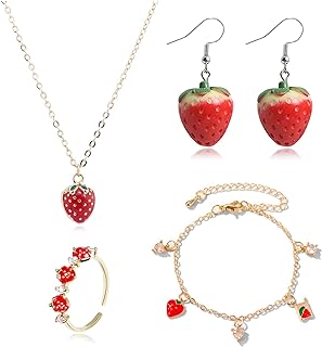 Long tiantian Strawberry Earrings Necklace Bracelet Ring Jewelry Set for Women Girls Strawberry Charms Jewelry Dress Accessories for Teen Girl Gifts Trendy Stuff