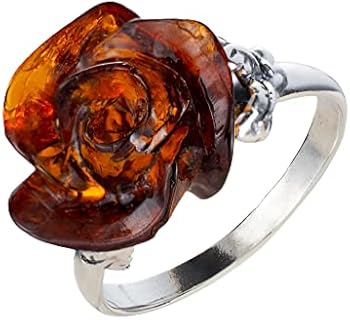 Sterling Silver and Baltic Honey Amber Rose Adult Ring- Size 8