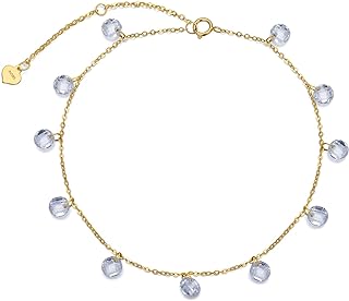 14K Solid Yellow Gold Cubic Zirconia Dangle Anklet with Spring Ring Clasp and Box Chain for Women and Girls - Birthday Gift Jewelry from SISGEM