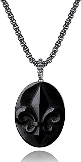 Lobster Clasp Obsidian Fleur De Lis Pendant Necklace with Stainless Steel Box Chain for Men and Women