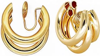 FAN&LOUIS Clip On Earrings Women Triple Hoop 14K Gold Plated Earrings Lightweight Chunky Thick Small Open Hoops Hypoallergenic Women's Clip-On Earrings Non Pierced Piercing