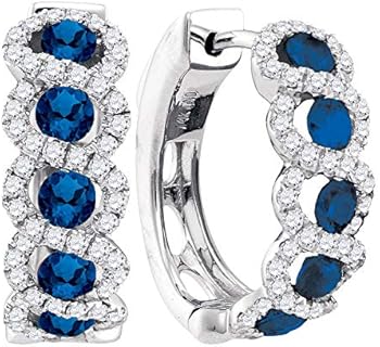 Dazzlingrock Collection 1.13 Carat (ctw) Round Blue Sapphire & White Diamond Hoop Earrings 1-3/4 ctw, 14K White Gold
