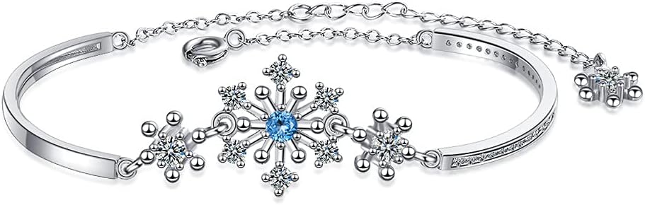 Lobster Claw Clasp Blue CZ Beaded Snowflake Bracelet - Cubic Zirconia on Box Chain - Perfect for Women and Girls - White Gold Plated Design