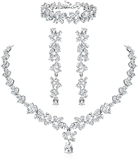 SWEETV Cubic Zirconia Bridal Jewelry Set for Wedding, Crystal Chandelier Necklace Dangle Earrings Bracelet Set, Wedding Prom Jewelry for Bride Bridesmaids Women
