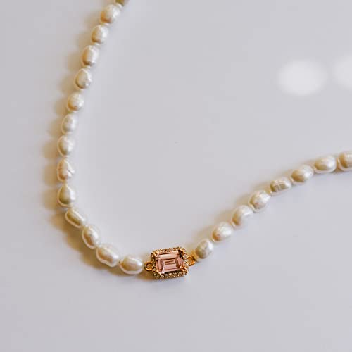 Pink Baguette Pearl Choker Necklace 16'' | Baguette Cubic Zirconia Charm Pendant Necklace Adjustable