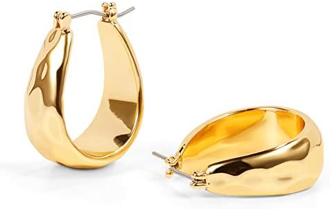 Click-Top Hammered Gold Hoop Earrings with Cubic Zirconia for Women, LILIE&WHITE Chunky Teardrop Shaped Design