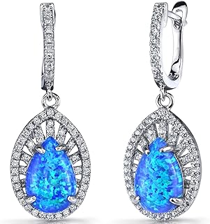 Peora 3 Carats Created Blue Fire Opal Earrings in Sterling Silver, Vintage Dangle Teardrop Design, Hypoallergenic Pear Shape, 12x8mm, French Clip