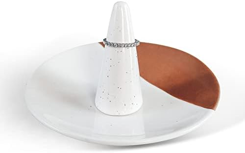 Handmade Ceramic Engagement Ring Dish by Mora Ceramics Hit Pause, Modern Round Design in Vanilla White for Women - Ideal Jewelry Holder for Bathroom Vanity, Nightstand and Sink Decor