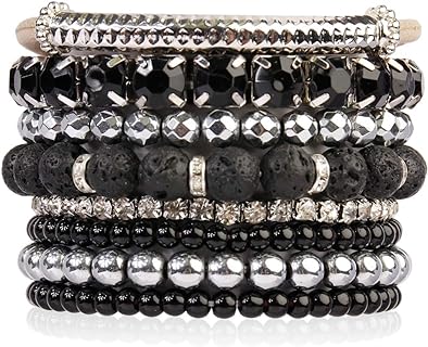 RIAH FASHION Multi Color Stretch Beaded Stackable Bracelets - Layering Bead Strand Statement Wrap Bangles